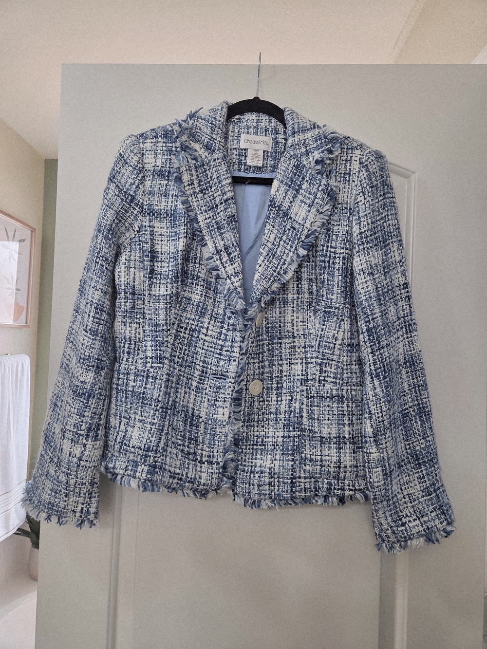Chadwicks Blue and White Tweed Fringed Blazer